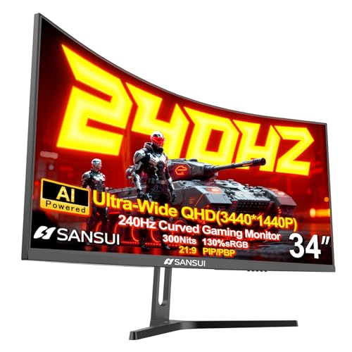 SANSUI 34 Inch 3440x1440P 240Hz Ultrawide UWQHD Gaming Monitor，21:9 2K Curved Monitor 1500R,Fast VA, PIP/PBP,AI Crosshair,AIPQ(Visual Enhance),MPRT 1ms,300nits,HDR,HDMI2.1*2,DP1.4*2(DP Cable Included)