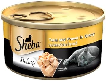 Sheba Deluxe Premium Adult (1+ Years) Wet Cat Food, Tuna and Prawns in Gravy, 85 g Can, High-moisture gravy cat food for healthy hydration