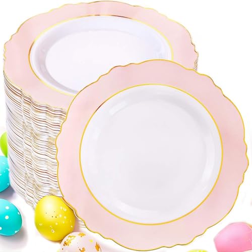 WDF 60pcs Pink Dessert Plates - 7.5inch Baroque Pink &White Disposable Dessert/Appetizer Small Cute Cake Plates for Upscale Parties &Wedding-Special for Baby Shower, Brithday, Easter