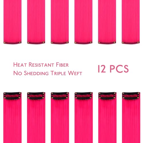 Image of WENNALIFE 12 PCS Hot Pink Hair Extensions Clip in, Colored Clip in Hair Extensions for Kids Highlights Rainbow Hair Clips for Girls Synthetic Straight Pop-up Style Colorful Girls Hair Accessories