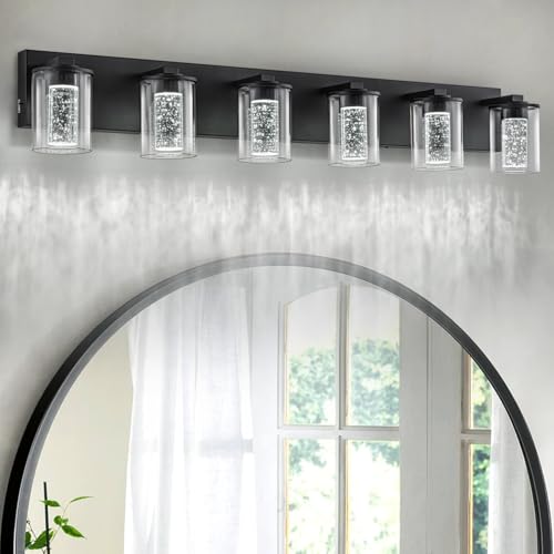 Image of SineRise Bathroom Vanity Light with 3 Color Modes (3000K /4000K /6000K), Eye Protection LED Bathroom Light Fixture, Dimmable Modern Wall Light Over Mirror with Clear Glass Shade (Black, 6-Light)
