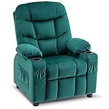 Mcombo Big Kids Recliner Chair with Cup Holders for Boys and Girls Room, 2 Side Pockets, 3+ Age Group, Velvet Fabric 7355 (Green)