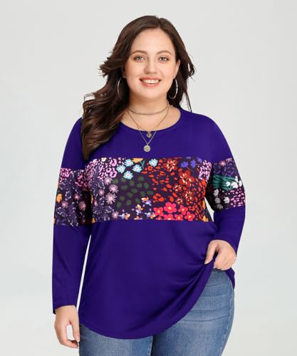 Image of CARCOS Plus Size Tops for Women Color Block Flower /Striped /Camo Crew Neck Long Sleeve Tee Shirt