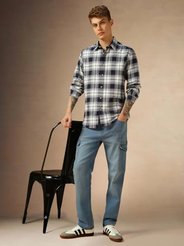 Image of Dennis Lingo Men Blue Checks Cotton Regular Fit Full Sleeve Shirts
