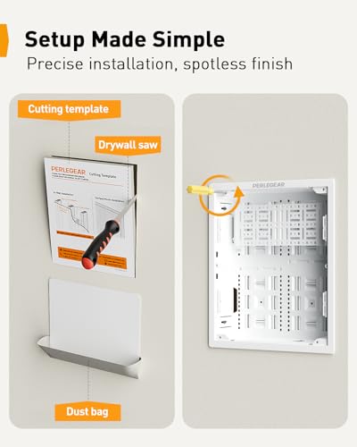 Perlegear 17&Prime; in-Wall Media Box, Electrical Box, Recessed Outlet Box and Media Enclosure for One Connect Box & Network Switches, Cable Management Kit with Cutting Template, Dust Bag & Drywall Saw