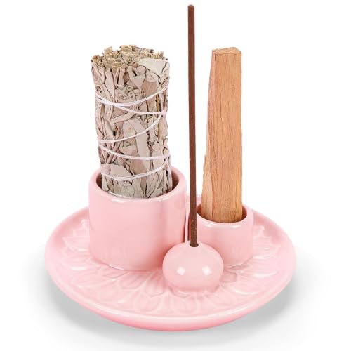 Cuenco de incienso 4 en 1 hecho a mano para cada incienso, palo, santo blanco, salvia blanca, bandeja para incienso, bandeja de cerámica para sala de meditación, yoga y rosa