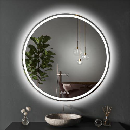 XRAMFY Badspiegel mit Beleuchtung 90cm*90cm, Antibeschlag, Rund Badezimmerspiegel mit Beleuchtung LED, 3 Lichtfarben, Dimmbar – Ansicht 1