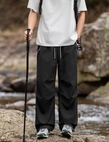 Image of Venzina Men's Parachute Cargo Trousers Lightweight Quick-Drying Hiking Pants Water Resistant Drawstring Cargo Pants for Camping, Fishing, Travel, Safari, M - XXL