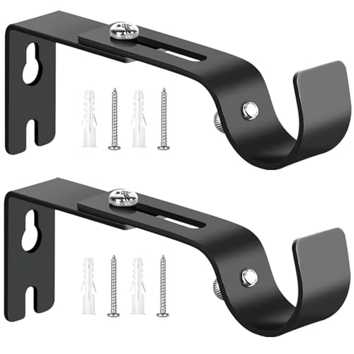 2 Stück Gardinenstange Halterung Schwarz - Wandhalterung für Gardinenstänge, Verstellbar (6-9cm Abstand zur Wand) - Für Ø 20-25 mm Stangen (2 Schwarz)