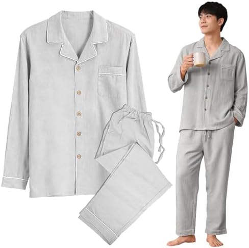 YAKIDA Men's Pajamas, Top and Bottom Set, Summer, Front Opening, Long Sleeve, Cotton, Soft and Durable Cotton Blend / Sweat Absorbent Breathable Material, Linen, Sleepwear, Loungewear, Sweat Absor