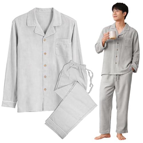 [YAKIDA] パジャマ メンズ 上下セット 夏 前開き 長袖 綿 【柔らかくて丈夫な棉麻混紡・吸汗通気素材】 麻 ねまき 寝間着 ゆったり 寝巻き ルームウェア 吸汗 介護 入院 部屋着 父の日 敬老の日 グレーM