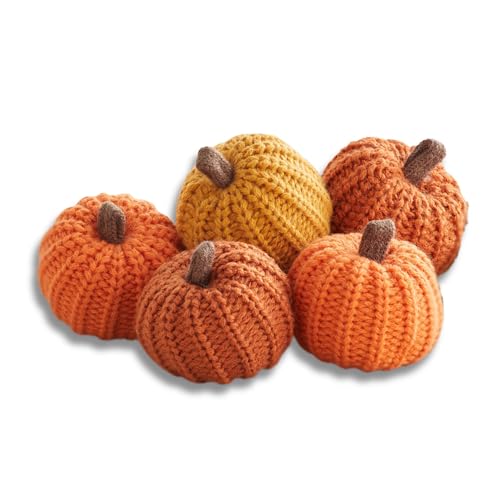 Image of Mini Knit Pumpkins, Orange, Set of 5 (Mini Knit Orange) | Bowl Fillers, Fall Tiered Tray Decor, Autumn Table Decorations, Halloween