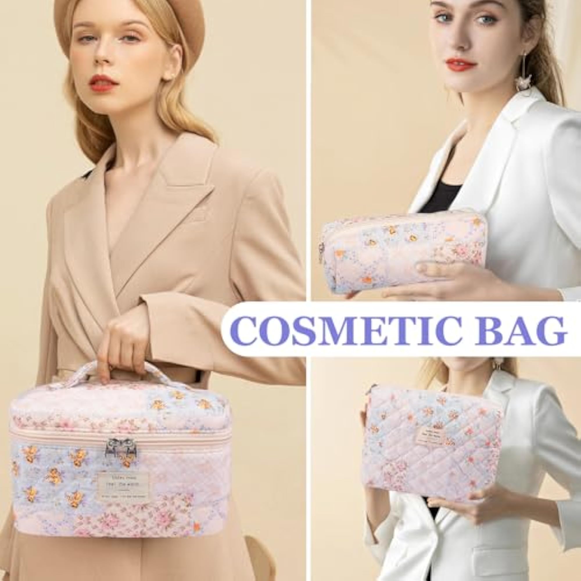 Quilted Floral Makeup Bag Set, Large Cosmetic Organizer