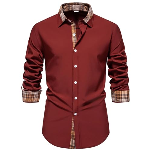 Allthemen Camisa de Vestir Formal para Hombre Manga Larga Shirts Traje Slim Fit Cuadros Solapa con Botónes Negocios Rojo M