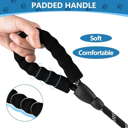 Image of Heavy Duty Dog Leash for Walking & Training 5ft | Reflective Rope Leash with Padded Handle | Anti-Pull Strong Dog Lead for Medium & Large Dogs | 360 Swivel Hook | Night Safety (Black, 5 FT)