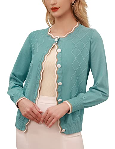 Belle Poque Women's Crew Neck Button Up Sweater Puff Long Sleeve Scalloped Cardigan Sweater,Teal S #TOP30