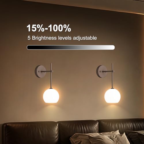Image of Brown Battery Operated Wall Sconces Set of 2, Rechargeable Wireless Wall Lights with Milky White Frosted Glass, 12 RGB and 3CCT Dimmable Wall Lamps with Remote for Bedroom Living Room Hallway