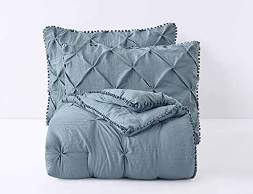 Chezmoi Collection Natalia 3-Piece Pom Pom Pinch Pleat Down Alternative Comforter Set, Soft Washed Microfiber Ball Fringe Bedding Set (Queen, Dusty Blue) #TOP3
