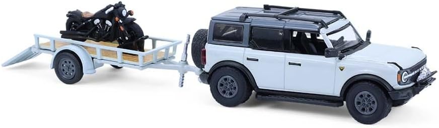 Collectibles 1:64 Hitch & Tow Series 33-2021 Ford Bronco 4-Door Badlands in Cactus Grey with Utility Trailer and Motorcycle 32330-D