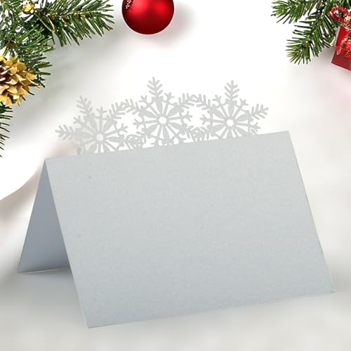 50Pcs Christmas Place Cards for Table, Christmas Name Place Cards, Snowflake Name Card for Table Settings, White Xmas Card Holder for Wedding Party Decoration