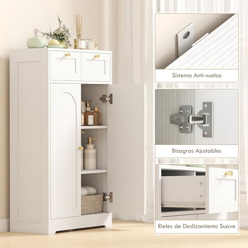 HOMCOM Armario de Baño Estrecho, Mueble Auxiliar de Baño, 60x30x108 cm, con 2 Cajones, Estante Abierto y Puerta con Panel Arqueado, Estilo Moderno, para Espacios Pequeños, Blanco Veteado - imagen 7
