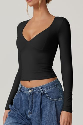 QINSEN Women's Long Sleeve V Neck T Shirts Double Lined Crop Top Seamed Cup Going Out Tops3