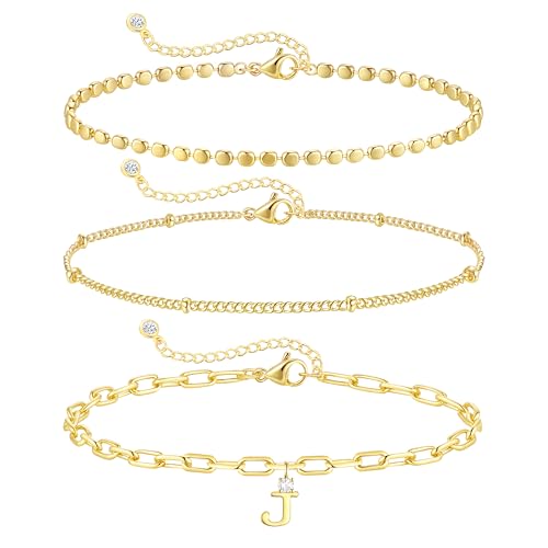 ZHESHY Gold Initial Bracelets for Women Dainty Letter J Charm Bracelets Non Tarnish 14K Gold Plated Stackable Layered Paperclip Link Chain Bracelets Stack Set Personalized Gifts Womens Jewelry - image 1