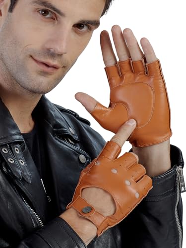 Image of GSG Men's Fingerless Leather Driving Gloves, Half Finger, lambskin | Half Finger Design, Breathable Comfort,Driving, Motorcycle Riding, Racing, Cycling, Daily Wear