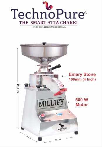 Image of MILLIFY by TechnoPure 500W Multi Grain Mill - Mini Atta Chakki for Home | Stone-Based Domestic Flour Mill | Gharghanti | Heavy Duty Motor | 5-10 Kg /Hour Capacity