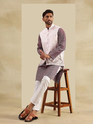 Image of SOJANYA Men's Silk Blend Wine Kurta & White Pyjama With Daman Embroidered Nehru Jacket