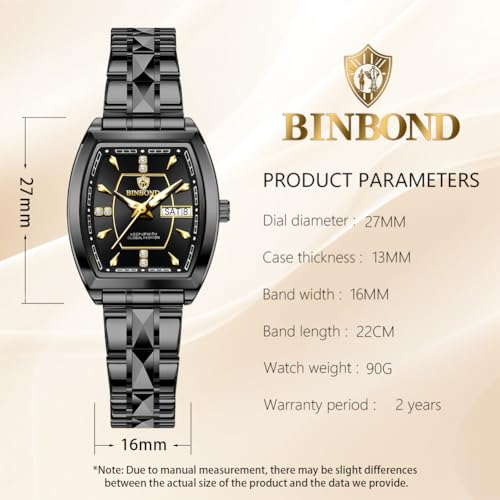 Image of BINBOND Square Watches for Women Analog Quartz Day Date Ladies Wrist Watch Diamond Stylish Stainless Steel Dress Womens Watch Elegant Luminous Waterproof