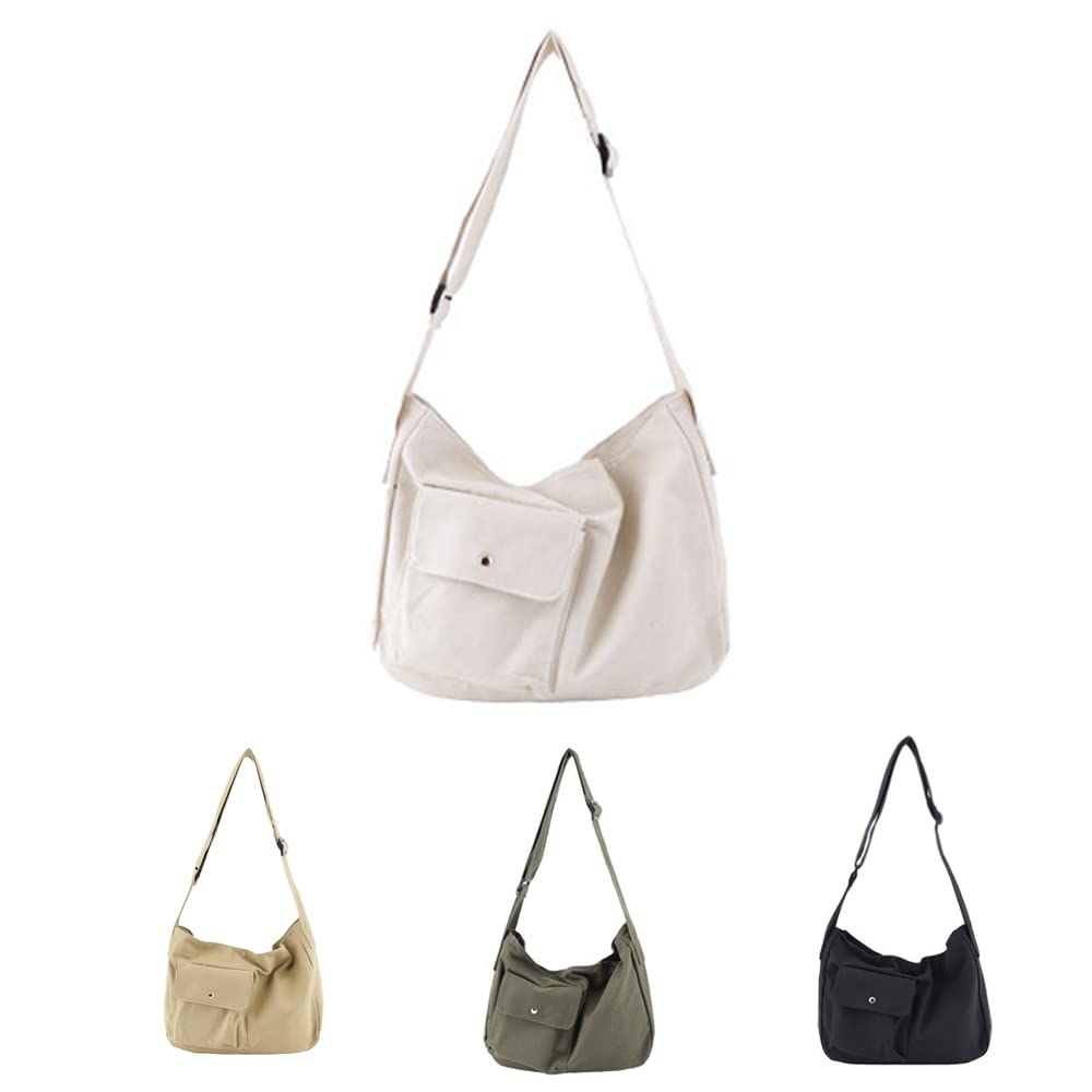 Bolso bandolera de lona para mujer de gran capacidad con bolsillo exterior, bolsos de hombro para mujeres y niñas, bolsos casuales sólidos, Blanco