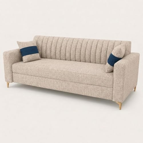 Image of FURNY Signature Regalia 3 Seater Sofa Set | Boucle Weave Fabric | 40D Foam + Zigzag Spring | 3-Yr Warranty (Sandstone Beige) | Modern Living Luxury Sofa Set for Home, Office & Hotel Spaces