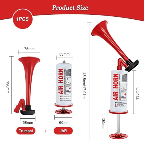 Rongrongago Airhorn Druckluft Hupe, 118 dB Air Horn, Handgerät Fanfare Druckluft, Fanfare Luftdruck für Fußball, Stadien, Boote und Partystimmung (Rot)