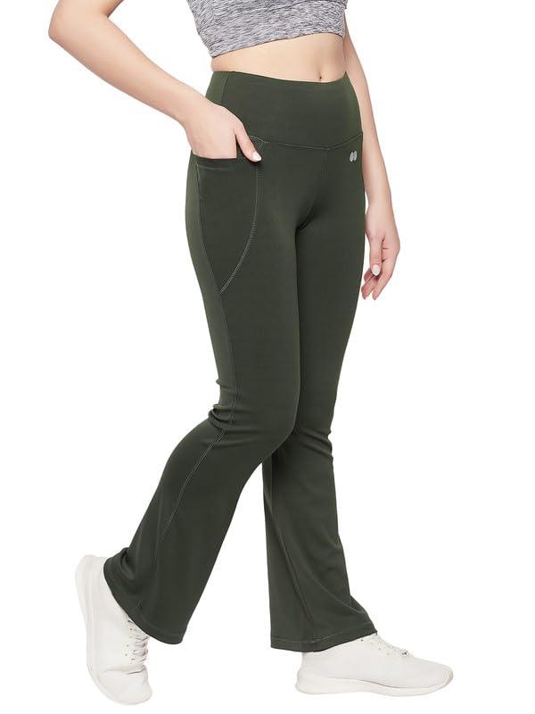 Image of Clovia Women's Comfort Fit High-Rise Flared Yoga Pants with Side Pockets (AB0119R17 Green M)