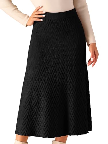 Seta T Women's Ribbed Knit A-Line Skirts Elastic High Waist Stretchy Sweater Midi Skirt
