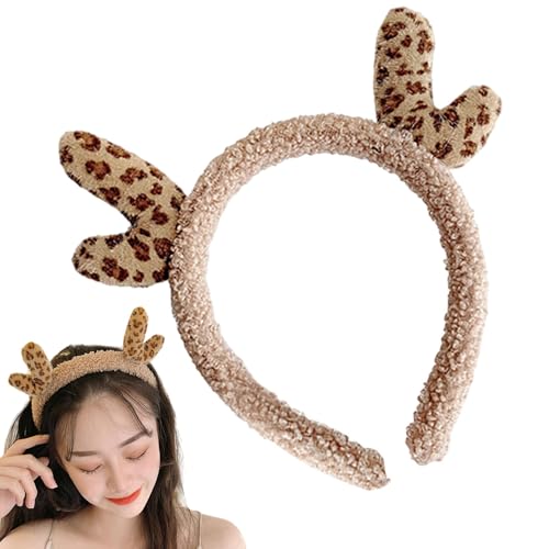 Ruwshuuk Diadema de cuernos de ciervo – Aro de pelo de leopardo para maquillaje – Diadema de cuernos de Navidad para niña, tocado de belleza lindo para accesorio para el cabello