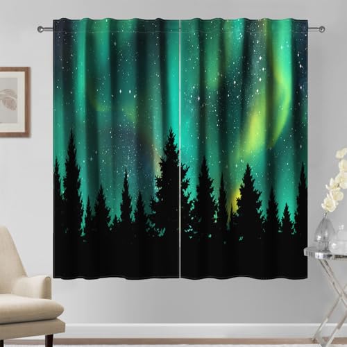 Kzzfqxb Rideaux 132x214cm Silhouettes de forêt 2 Panneaux, Vert Polaire Arctique pins Contour Noir, Paysage boisé Drapés, décoration Fantaisie pour Salon...