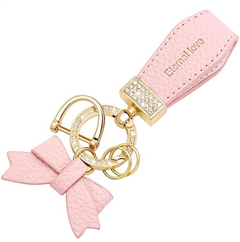 SK CUSTOM Pink litchi stria leather bowknot & Bling Rhinestones Gold ring keychain