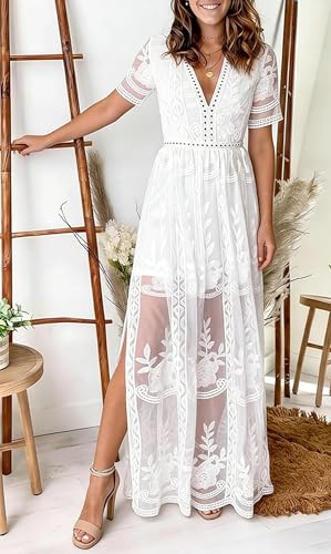 Image of LRISES Womens V Neck Floral Embroidered Lace Wedding Maxi Dress Boho Short Sleeve Slit Bridesmaid Evening Party Dresses