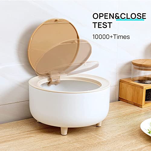Image of Small Dustbin with Lid - Mini Desktop Trash Can Pop up Tiny Tabletop Garbage Can Portable Wastebasket for Bathroom Vanity, Desktop, Tabletop, Round Press, White, ABS Plastic
