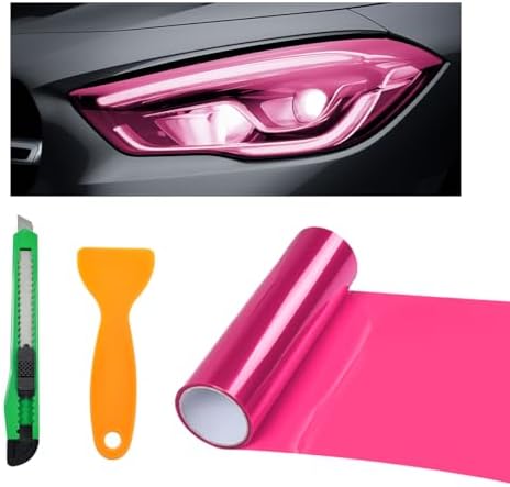 Tint Vinyl Film Sticker Sheet Roll for Car Headlight, 12×48 Inch Auto Taillight Vinyl Wrap Film, Self Adhesive Fog Light Vinyl Film with Squeeze & Cutter, Car Accessories (Pink)