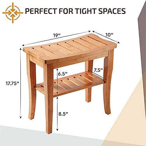 2 Tier Slatted Premium Natural Bamboo Wood Bathroom Stool Bench Shower Seat Shoe Rack Shelf Organizer Slatted Heavy Duty Bamboo Multi Purpose Step Stool & Seat with Storage Shelf Indoor or Outdoor use