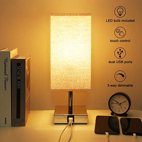 Kakanuo Lampe de chevet Tactile, Lampe de Table Dimmable，avec LED E27 5W et 2 Ports de Charge USB Utiles, Lampe de Chevet Moderne pour Bureau, Salon, Chambre, etc （Ampoule Incluant）