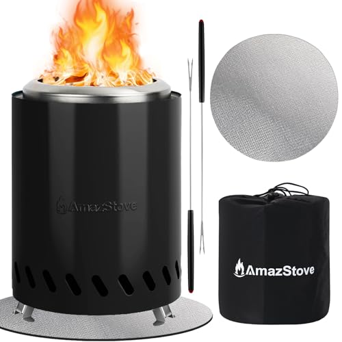 9.7 x 7.1 Inch Tabletop Fire Pit by AmazStove, Low Smoke Camping Stove for Outdoor Safe Burning Firepits, Fueled Pellets or Wood, Travel Bag Included (Black, 9.7 x 7.1 INCH)