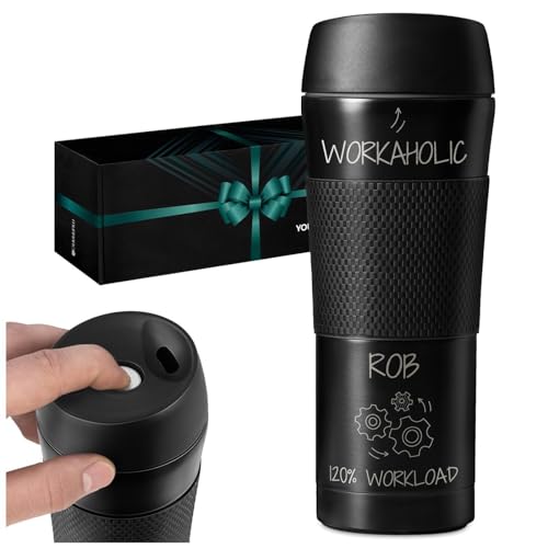 Maverton Customised Travel Mug for Man - Black Tumbler with Non-Slip Headband - with Personalisation - Coffee and Tea Cup for boy - Insulated Cup for Birthday - Gadget for Christmas for him - Work
