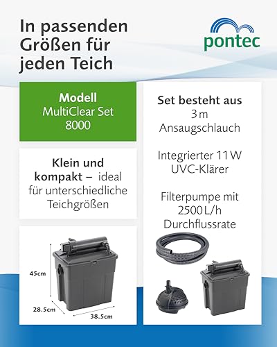 Pontec 50239 MultiClear Set 8000 - Komplettset aus Filterpumpe und Durchlauffilter / Durchlauffilterset / Mehrkammerfilter, Schwarz