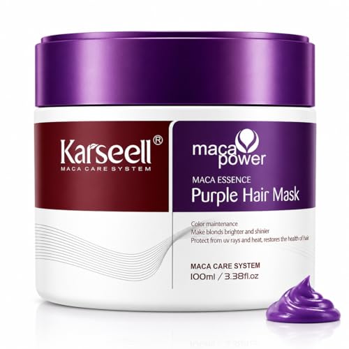 Karseell MACA CARE SYSTEM Mascarilla Capilar Violeta Profesional Matizadora Antiamarillo Cabello Rubio Canas Platino Decolorado Encrespado Hidratante Reparadora Antifrizz Colágeno Sin Sulfatos 100ml