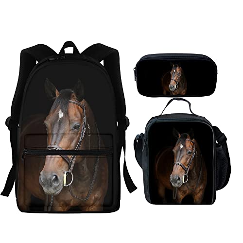 Set di 3 pezzi zaino per la scuola con fuoco acqua baseball softball pranzo tote+zaino Daypack + astuccio portamatite Cavallo-1 Taglia unica Zaini