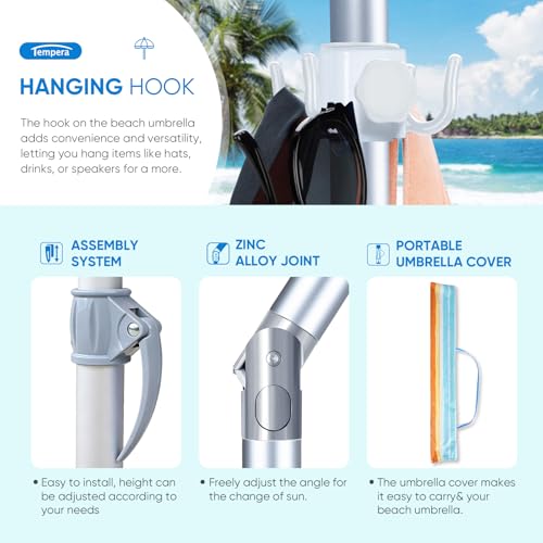 Image of Tempera Heavy Duty High Wind Beach Umbrella with Sand Anchor & Carry Bag | Patio Outdoor Umbrella with Aluminum Frame and Push Button Tilt, Ideal for Garden Lawn, UPF 60+